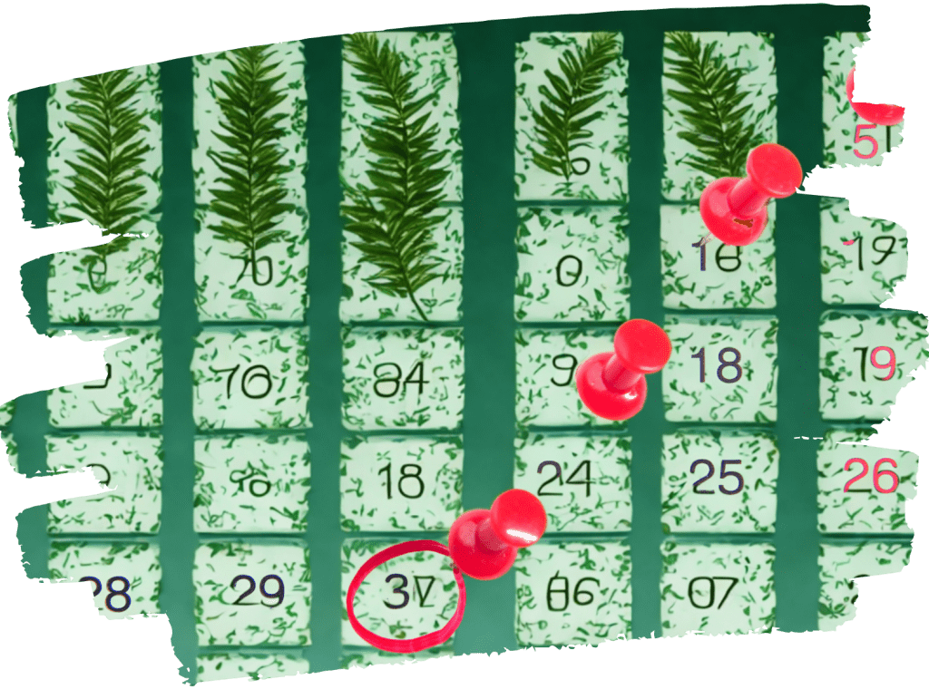 A green leaved diary with the 30th circled in red pen and three red pins as a reminder.
