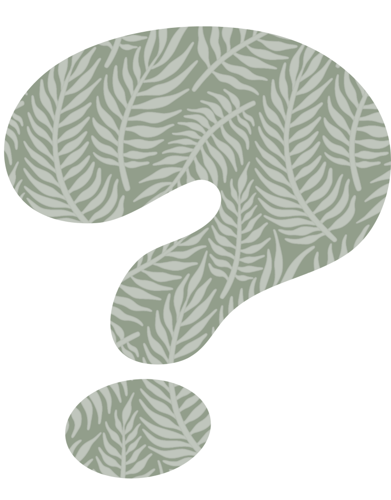 Frequently Asked Questions pictured in a question mark with a fern leaf pattern.
