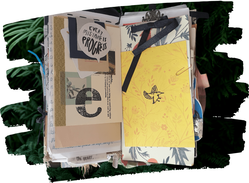 Creative therapy can be making a journal with different pictures, colours and text to explore the inner world.
